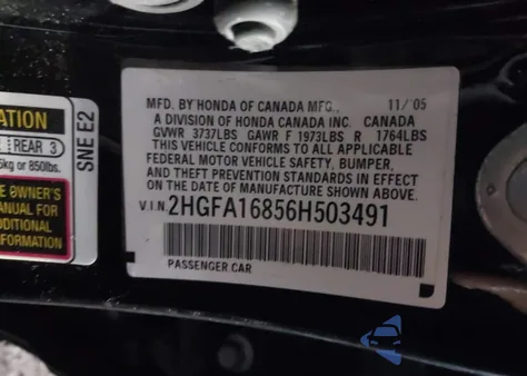 2006 Honda Civic Ex из США, поврежденный, VIN 2HGFA16856H503491